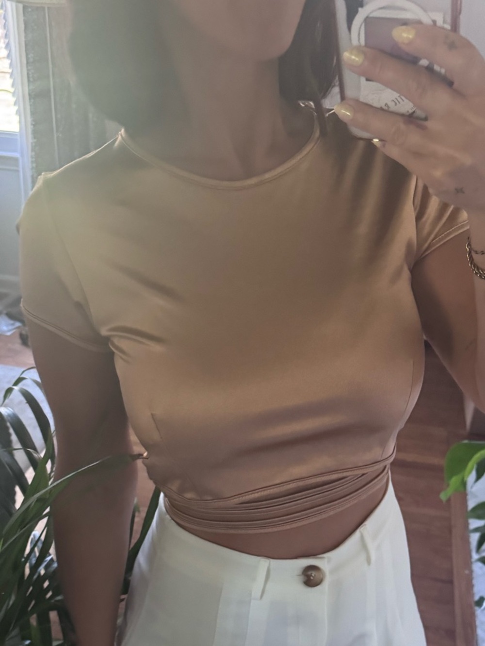 Metallic satin Cropped Tee with tie around waist in rose gold tone